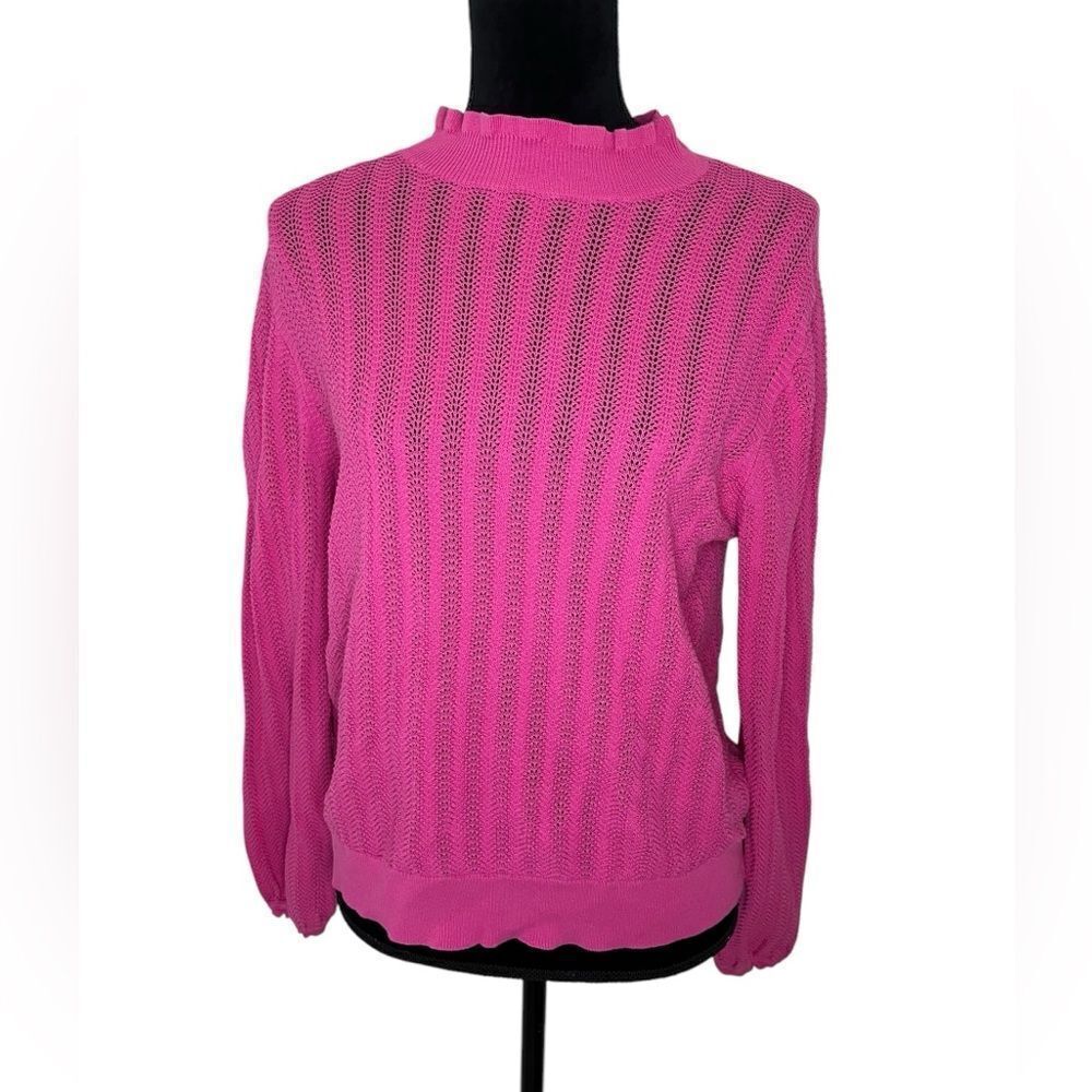J.CREW BUBBLEGUM BARBIE PINK RUFFLE MOCK-NECK OPEN KNIT SWEATER SIZE LARGE